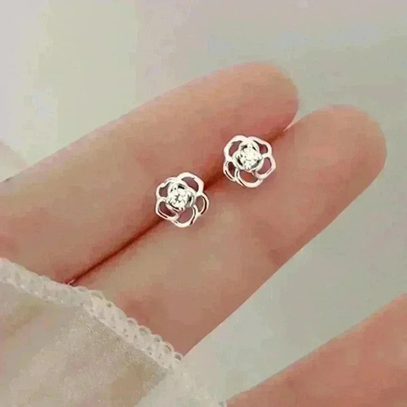 Jewelry - Dainty Small Sterling Silver 925 Rose Stud Earrings with Sparkling Center Stone